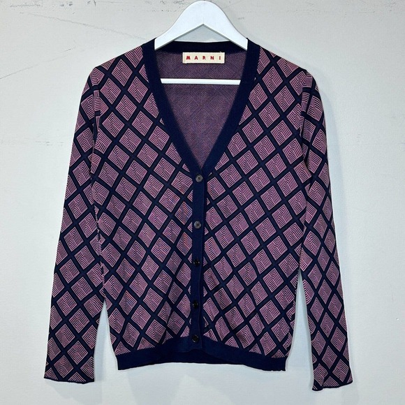 Marni V-Neck Argyle Diamond Print Silk Blend Cardigan Sweater Women IT 40/US 4 - Picture 1 of 9